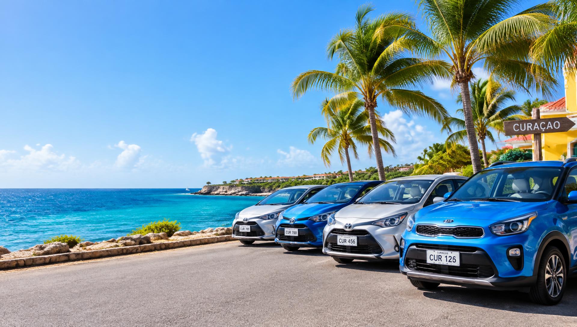 Rental cars parked on a sunny coastal road in Curaçao